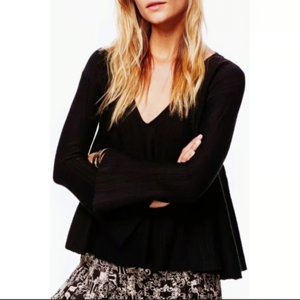 Free People Sundae Swing Black Boho Grunge Flowy Knit Sweater - Picture 2 of 9